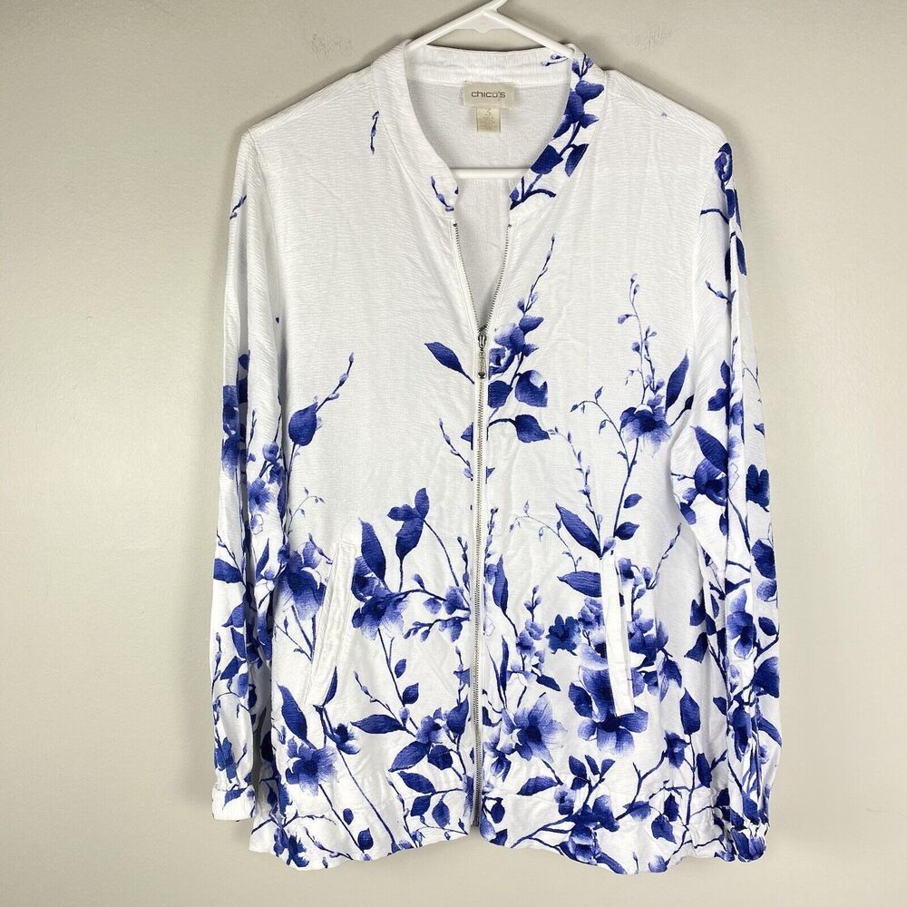 Chicos' Jacket Full Zip Floral White Blue 100% Cotton Comfort sz 3 / XL